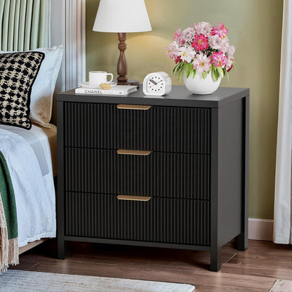 Mid-Century Fluted Nightstand with 3 Spacious Drawers - Black Wooden Bedside Table for Your Bedroom