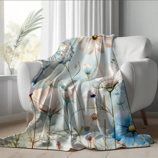 Blue Floral Fleece Butterfly Blanket Blue and White Flower Throw Bed Spread Picnic Blanket Floral Bedspread Nursery Decor Gift Sherpa Fleece