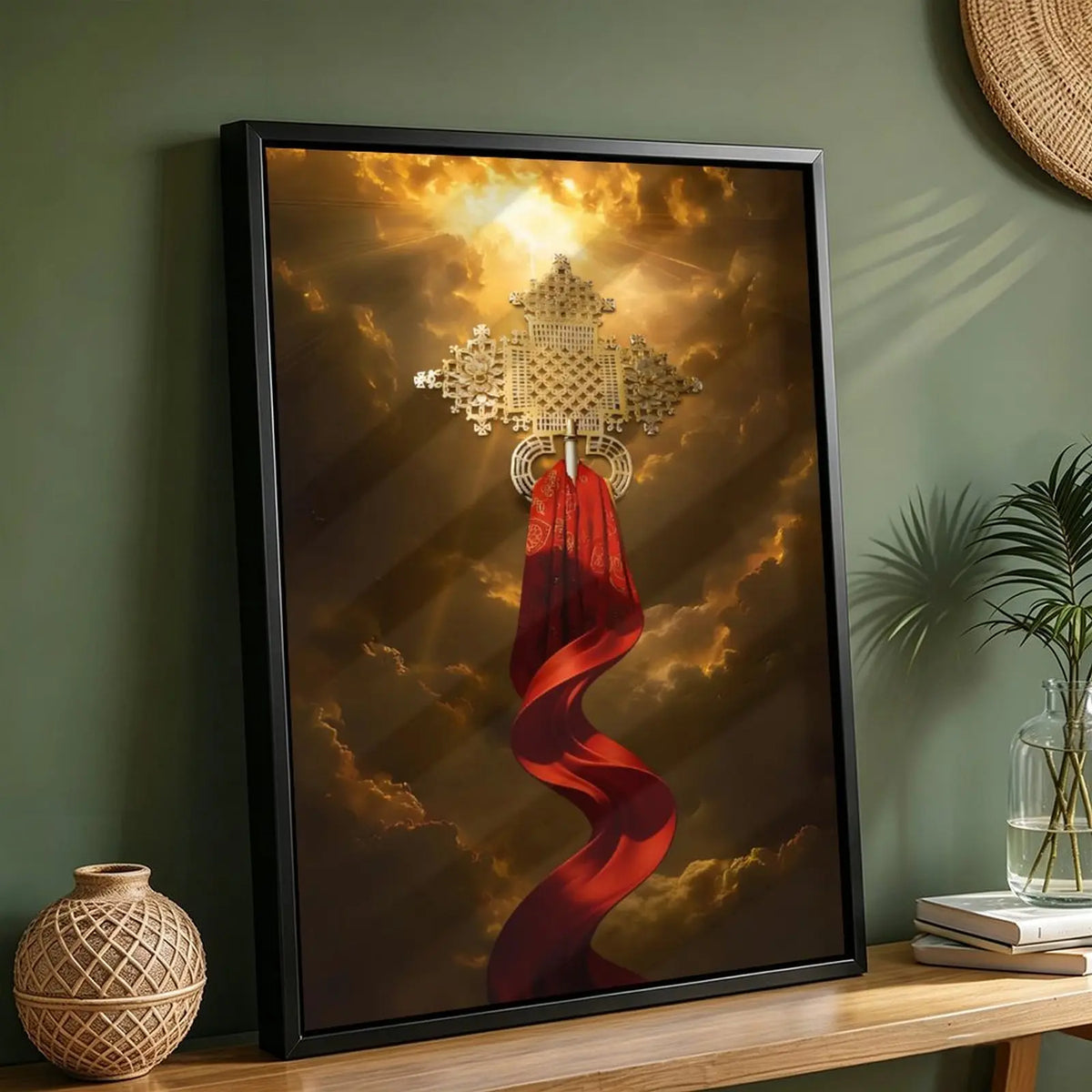 Ethiopian Orthodox Cross Wall Art Set - Vintage Christian Decor with Aluminum Frame