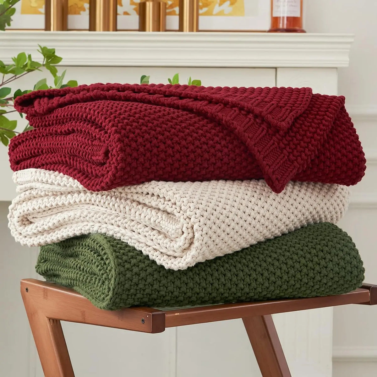 Chunky Knit Throw Blanket Lightweight Beige Cotton Blanket for Sofa Couch Bed , Rustic Shabby Modern Farmhouse, 51 X 63 Give Bag
