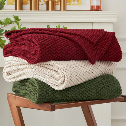Chunky Knit Throw Blanket Lightweight Beige Cotton Blanket for Sofa Couch Bed , Rustic Shabby Modern Farmhouse, 51 X 63 Give Bag