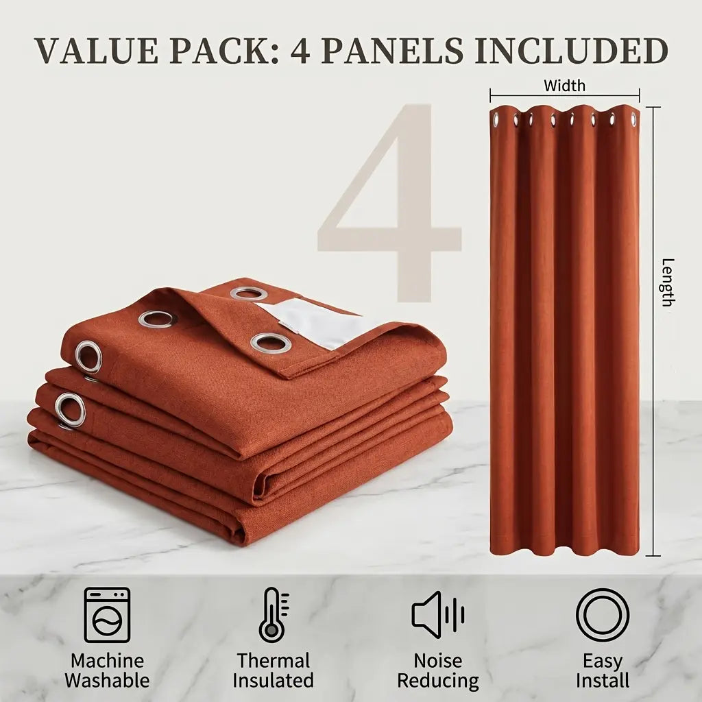 Terracotta Linen Blend Room-Darkening Curtains | Set of 4 Panels, Rust-Proof Grommet Top | Six Sizes to 108"