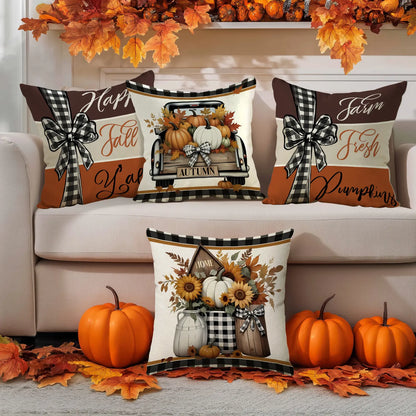 4-Piece Thanksgiving Cushion Covers with Retro Truck and Pumpkin Design