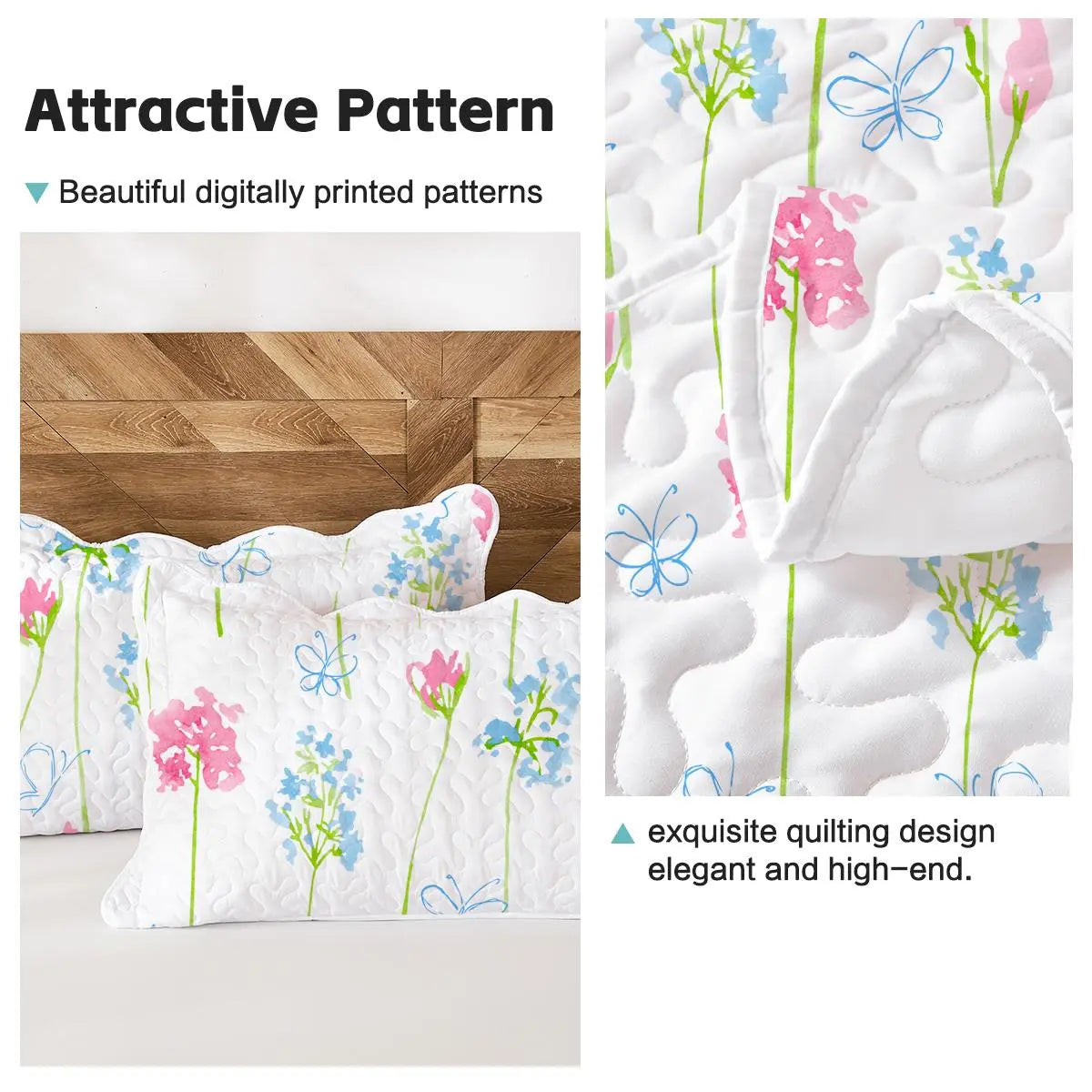3-Piece Floral Bedding Set - Breathable Quilted Bedspread, Ultra-Thin Garden Floral Design, 3-Side Scalloped Edge