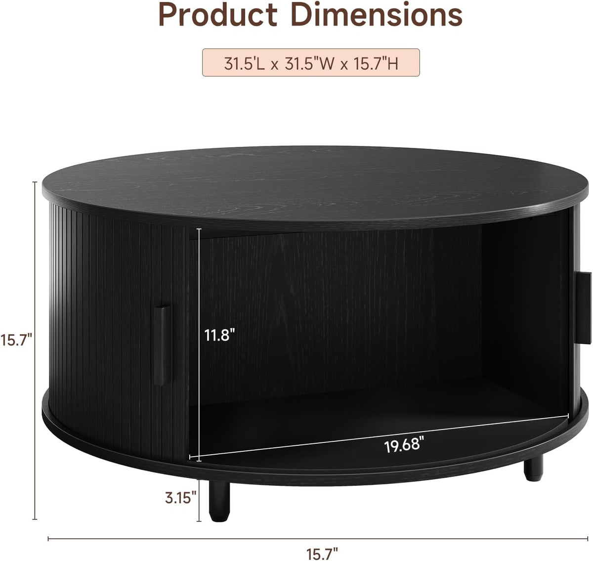 31.5" Round Black Coffee Table with Fluted Design