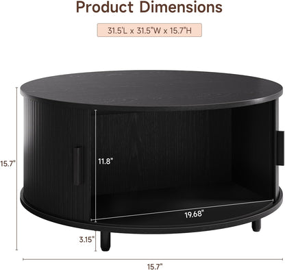 31.5" Round Black Coffee Table with Fluted Design
