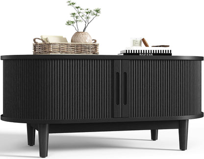 Oval Black Coffee Table with Fluted Tambour Door