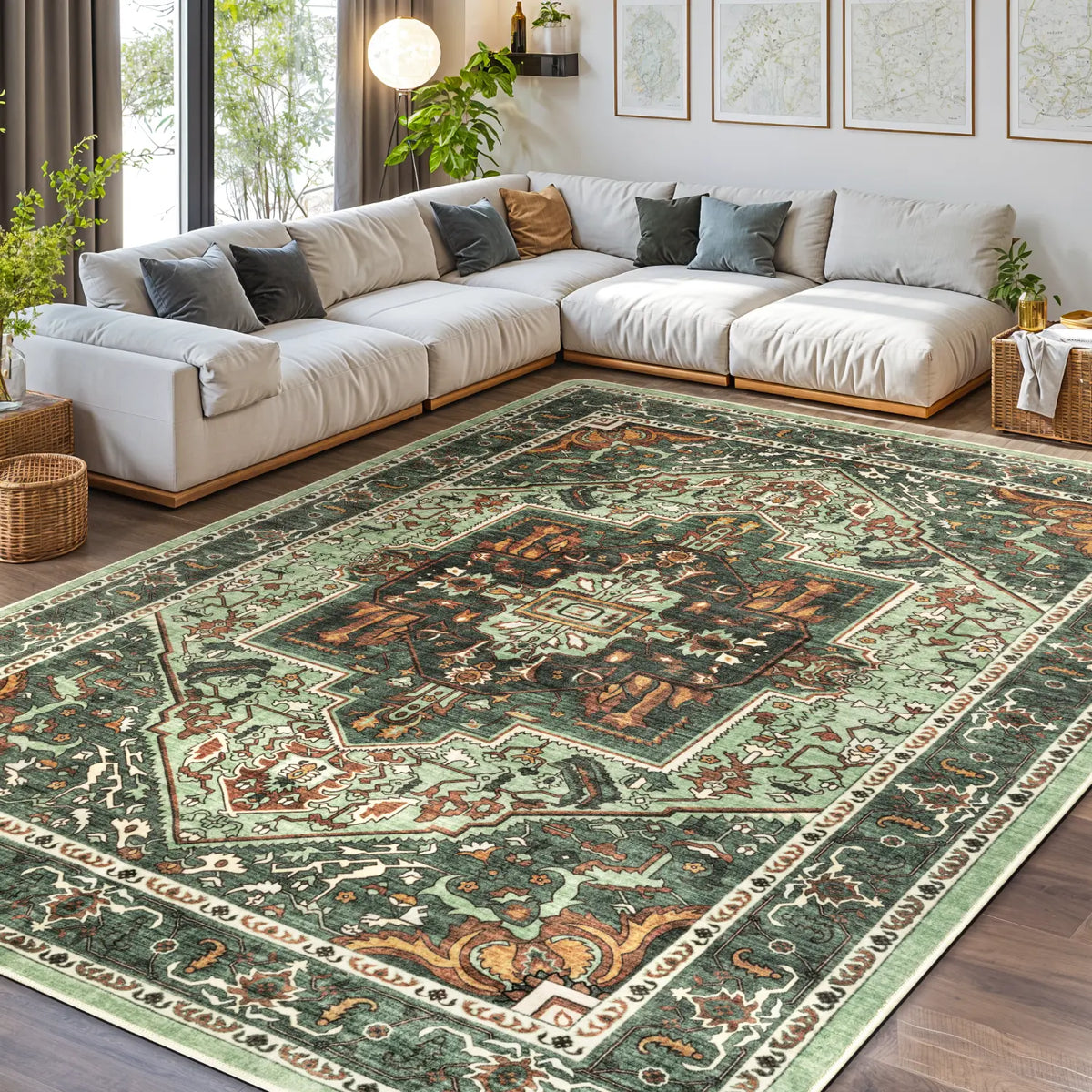 Neutral Vintage Washable Area Rug | Non-Slip, Machine Washable | Sizes 2×3 to 8×10