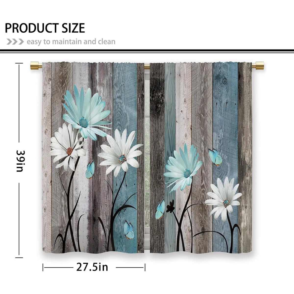 Teal Farmhouse Daisy Kitchen Curtains - Rustic Floral Butterfly Short Cafe Drapes for Country Homes (2 Panels, 27.5x39 Inch)