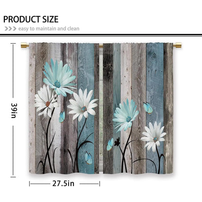 Teal Farmhouse Daisy Kitchen Curtains - Rustic Floral Butterfly Short Cafe Drapes for Country Homes (2 Panels, 27.5x39 Inch)