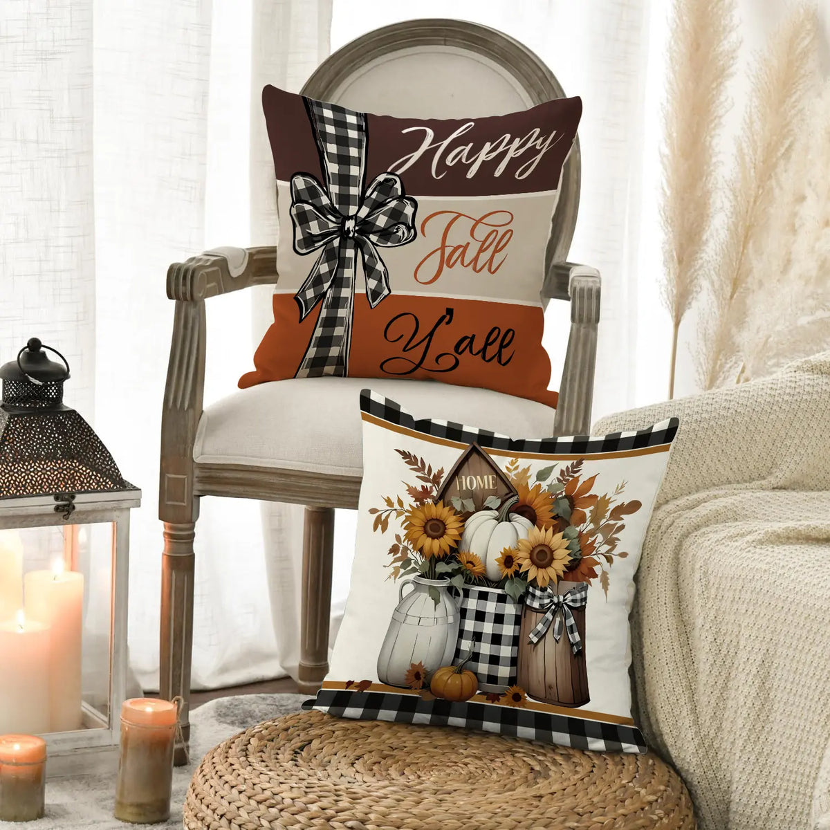4-Piece Thanksgiving Cushion Covers with Retro Truck and Pumpkin Design