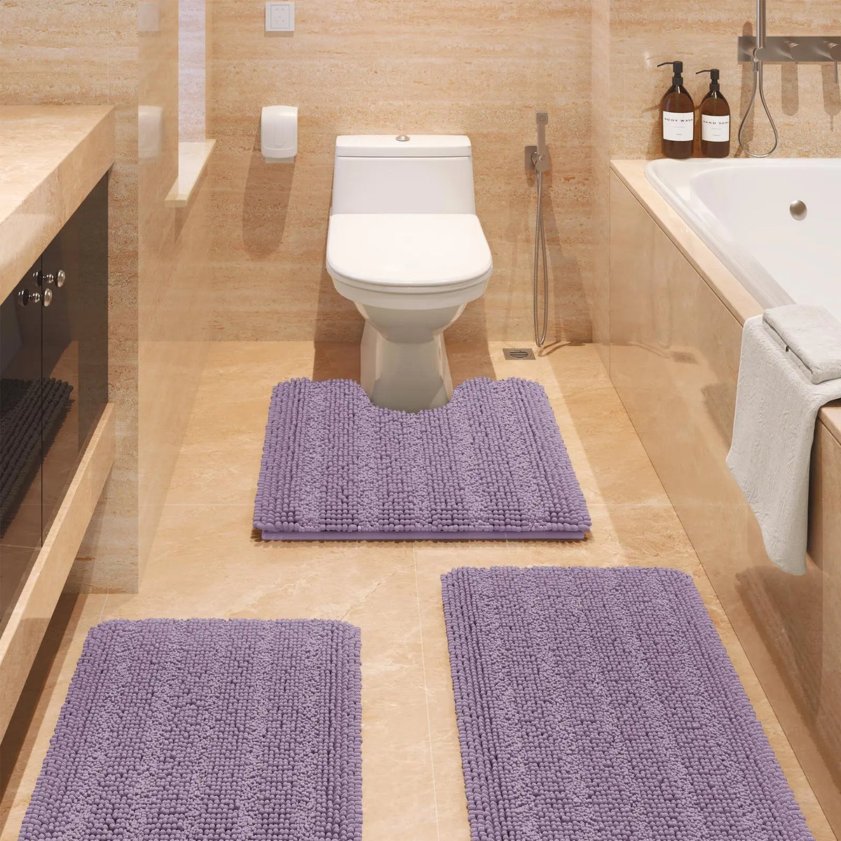 Transform Your Bathroom with the ACCUMTEK Luxurious Soft Striped Chenille Bath Rug Set - 3 Plush, Non-Slip Mats for Ultimate Comfort and Style