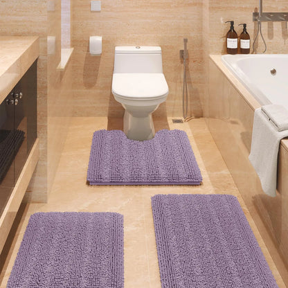 Transform Your Bathroom with the ACCUMTEK Luxurious Soft Striped Chenille Bath Rug Set - 3 Plush, Non-Slip Mats for Ultimate Comfort and Style