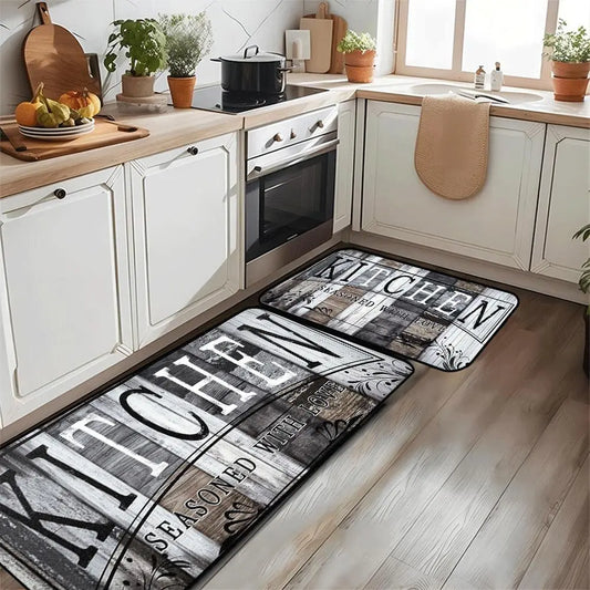 Vintage Wooden Floor Pattern Non-Slip Kitchen Mat Set - 2-Piece Decorative Rug Collection