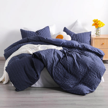 Bedsum Soft Bedding Set, Seersucker Textured Stripe Washed Microfiber Pattern Duvet Cover Set with Zipper Closure