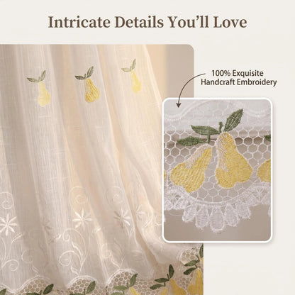 Lace Embroidered Fruit Sheer Curtains 52" × 60" | Set of 2 Faux Linen Café Panels, Grommet Top | Six Motifs