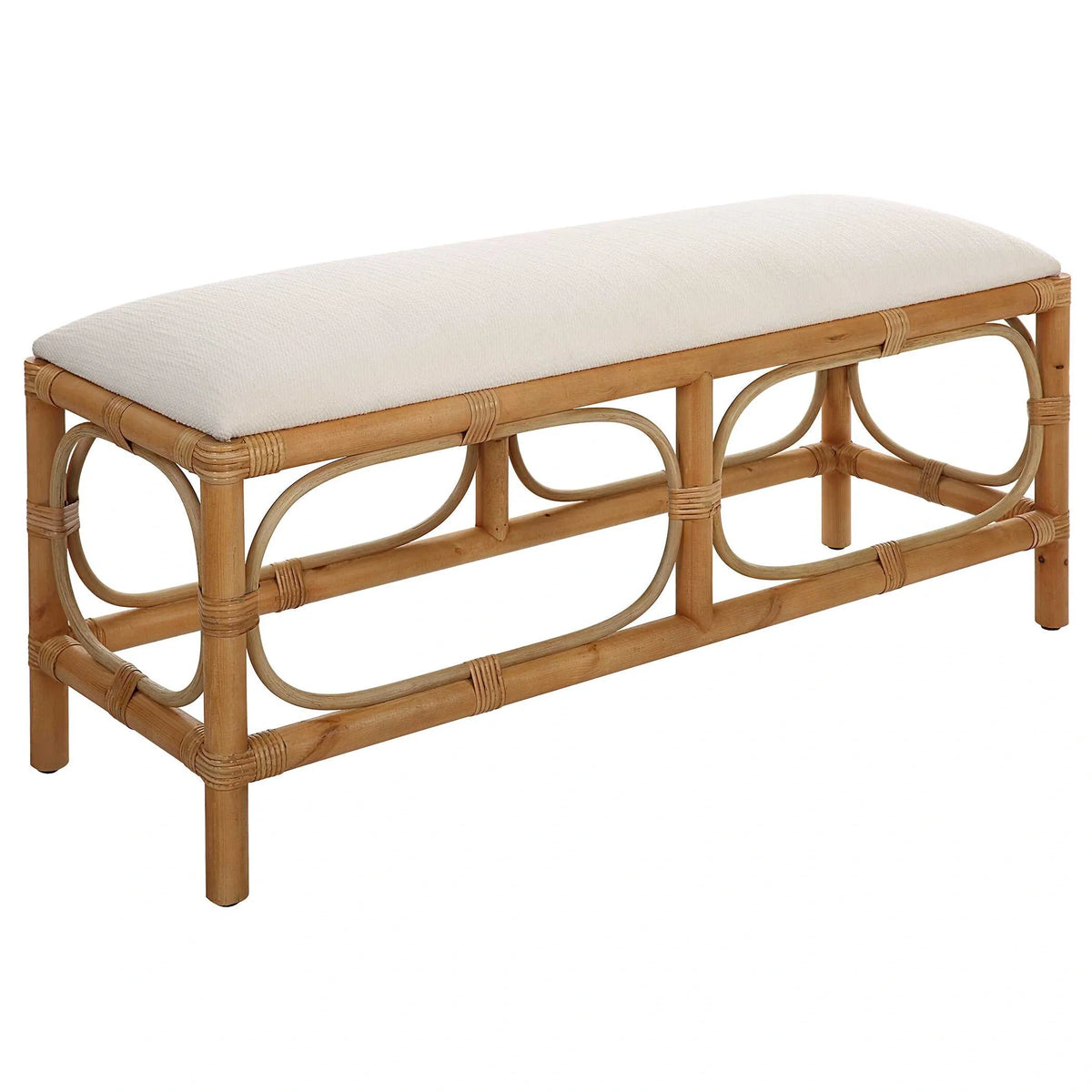 White Fabric Rattan Bench