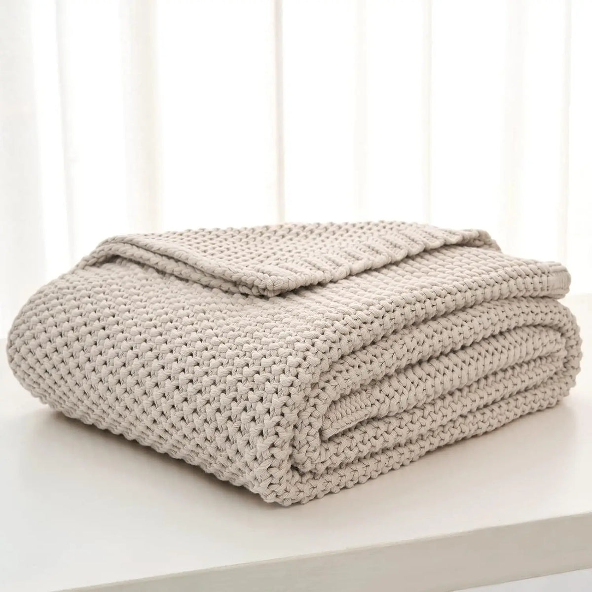 Chunky Knit Throw Blanket Lightweight Beige Cotton Blanket for Sofa Couch Bed , Rustic Shabby Modern Farmhouse, 51 X 63 Give Bag