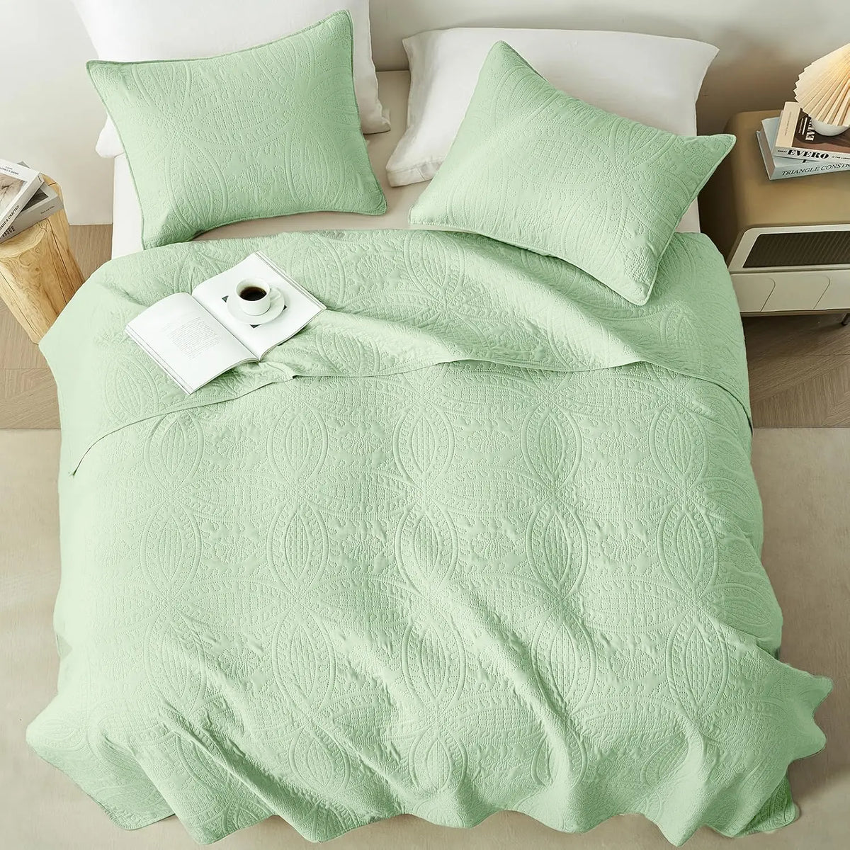 3-Piece Microfiber Bedding Set - Queen Size Light Green Ultrasonic Quilted Bedspread Coverlet, Soft Bedspreads with Coin Patchwork