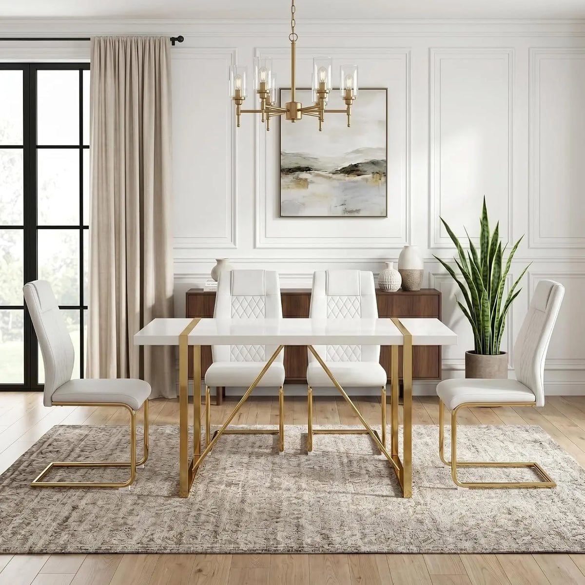 7-Piece Dining Table Set with White Rectangular MDF Table and 6 Leather Chairs