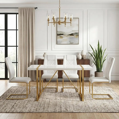 7-Piece Dining Table Set with White Rectangular MDF Table and 6 Leather Chairs