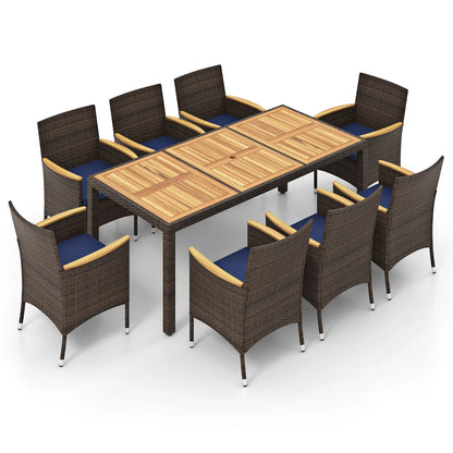 Costway - 9 Piece Outdoor Dining Set with Acacia Wood Table Top-Navy