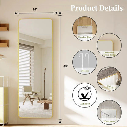 Beautypeak 48" × 14" Full Length Wall Mirror | Slim Aluminium Frame with Leather Cord | Arch & Rectangular in Gold or Black