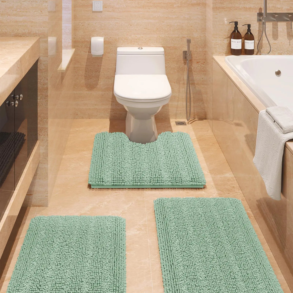 Transform Your Bathroom with the ACCUMTEK Luxurious Soft Striped Chenille Bath Rug Set - 3 Plush, Non-Slip Mats for Ultimate Comfort and Style