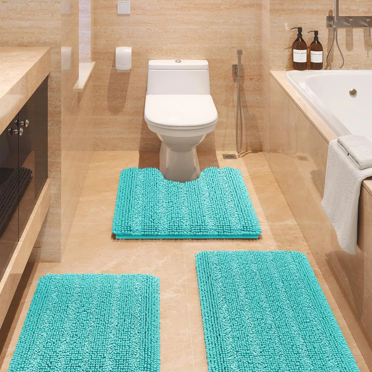 Transform Your Bathroom with the ACCUMTEK Luxurious Soft Striped Chenille Bath Rug Set - 3 Plush, Non-Slip Mats for Ultimate Comfort and Style