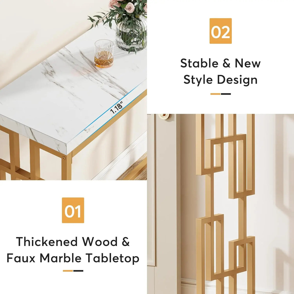 Tribesigns 42.5" Modern Gold Console Table Featuring a White Faux Marble Top