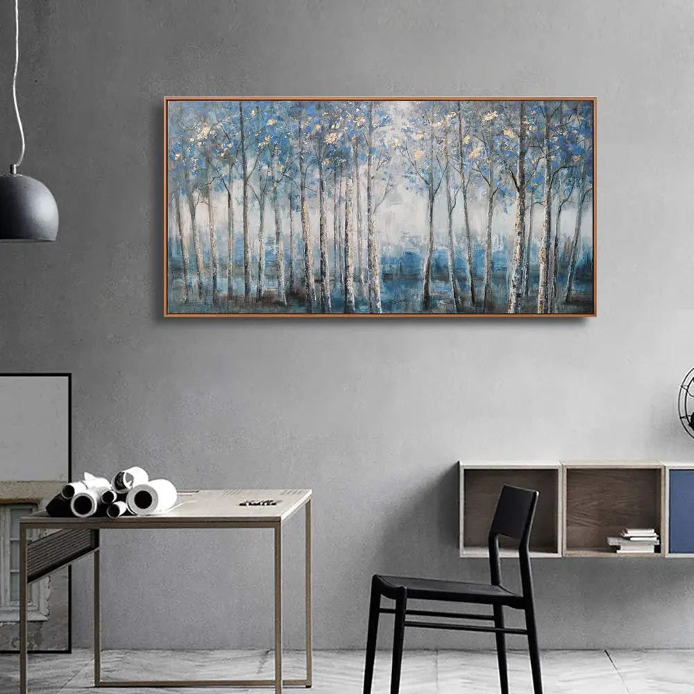 Framed Modern Grey Blue and Gold Foil Forest Canvas Oil Painting