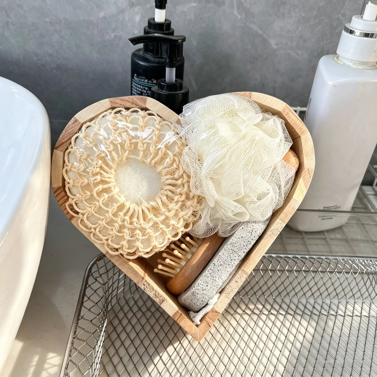 Heart-Shaped 5-Piece Bath Gift Set - Complete Travel Kit with Loofah, Face Brush, Foot Grinder, and Facial Massager