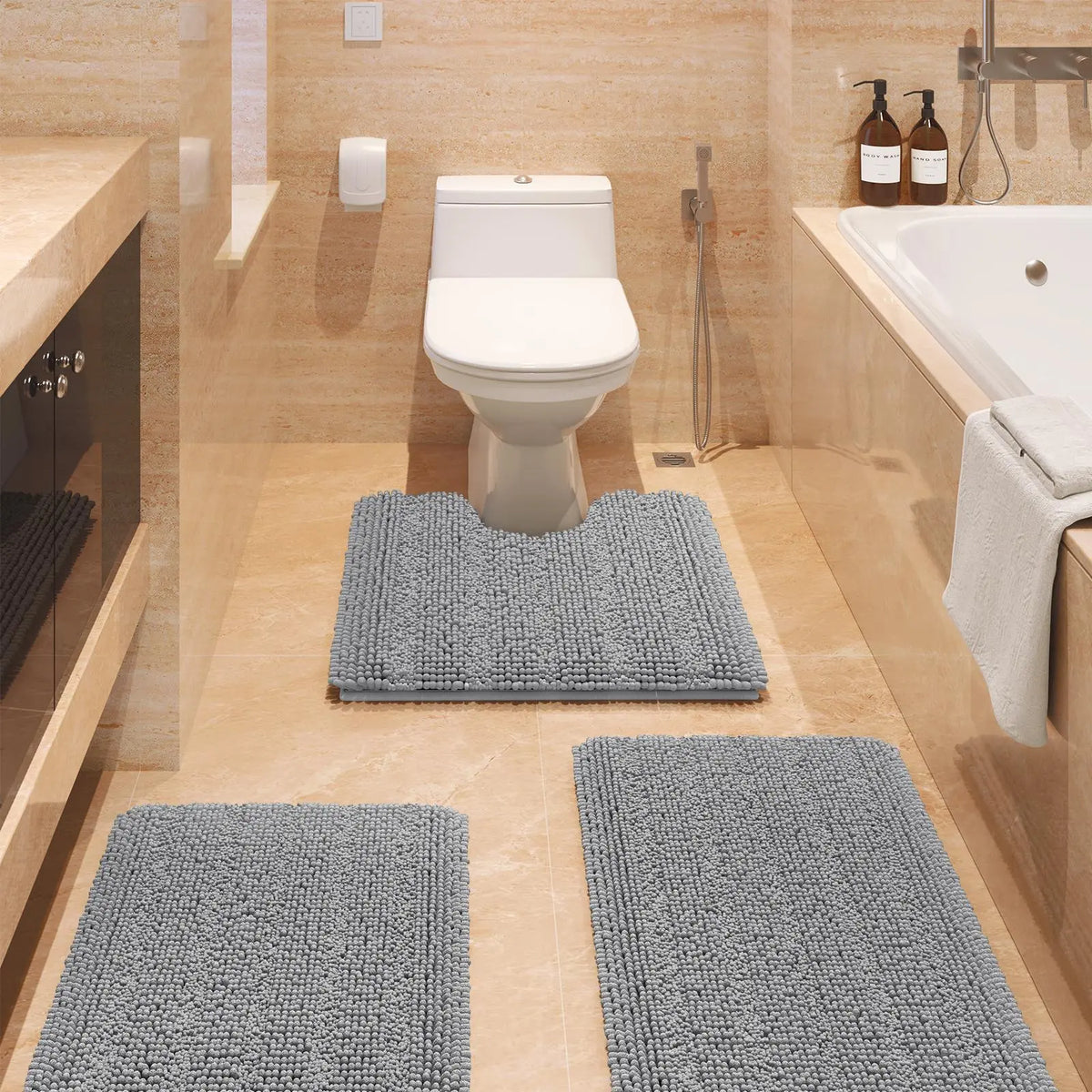 Transform Your Bathroom with the ACCUMTEK Luxurious Soft Striped Chenille Bath Rug Set - 3 Plush, Non-Slip Mats for Ultimate Comfort and Style