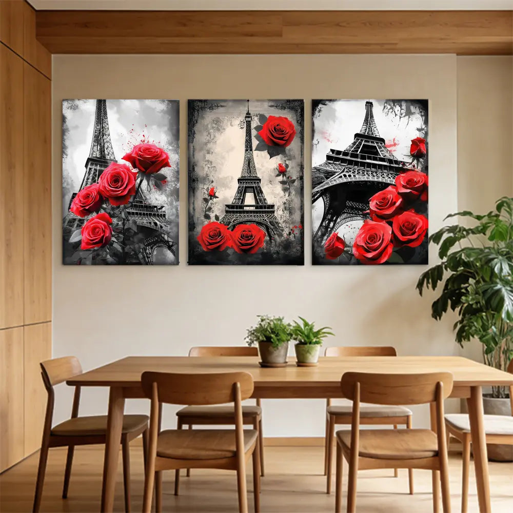 3-Piece Framed Canvas Art Set Featuring the Eiffel Tower and Red Gray Roses