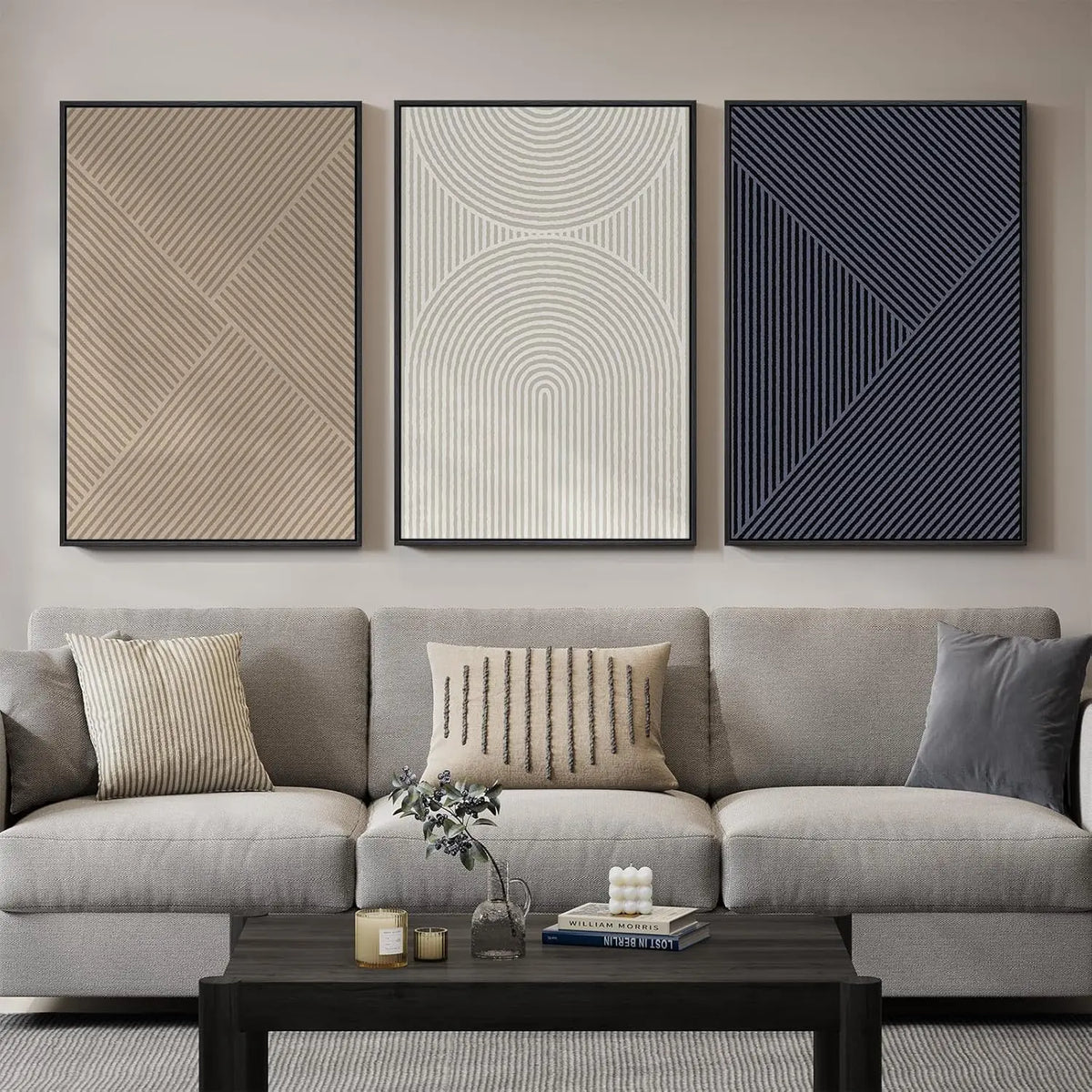 Elevate Your Space with a Set of 3 Framed Neutral Abstract Canvas Prints - Modern Minimalist Artwork for Any Room