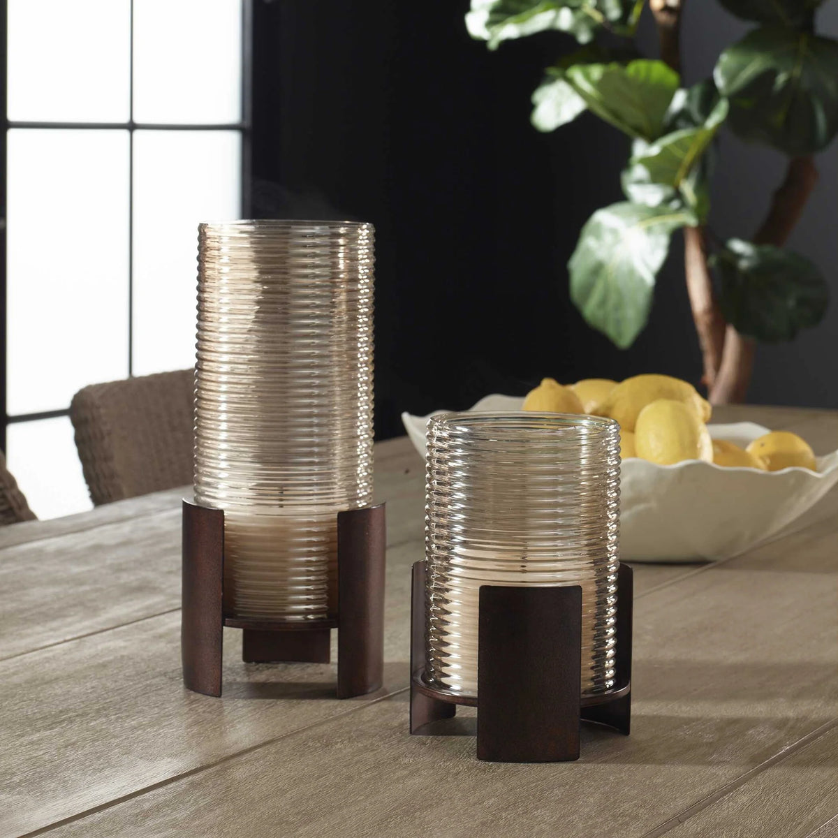 Ribbed Glass Candleholders, Set of 2