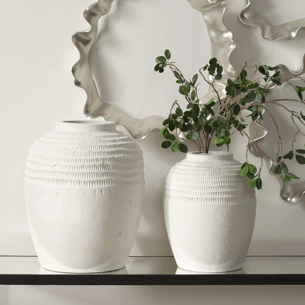 Ridge White Ceramic Vases Set/2