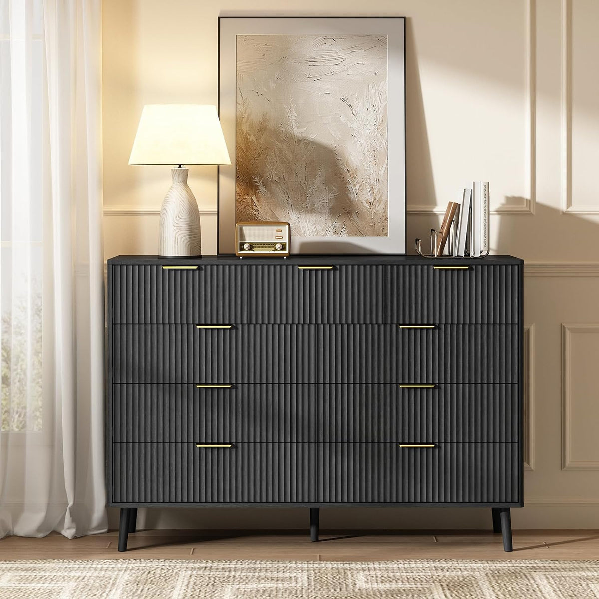 Black Fluted 9 Drawer Dresser