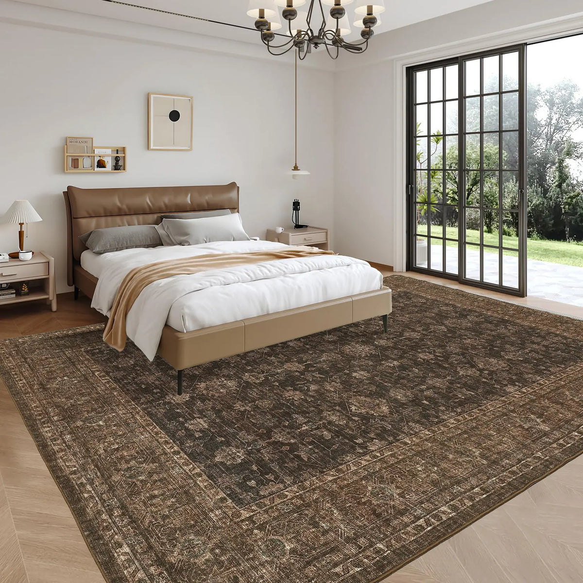 Washable Vintage Distressed Floral Area Rug | Ultra-Thin Low Pile, Non-Slip | Beige, Brown, Blue or Black | Sizes 2×6 to 10×13