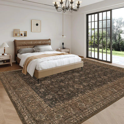 Washable Vintage Distressed Floral Area Rug | Ultra-Thin Low Pile, Non-Slip | Beige, Brown, Blue or Black | Sizes 2×6 to 10×13