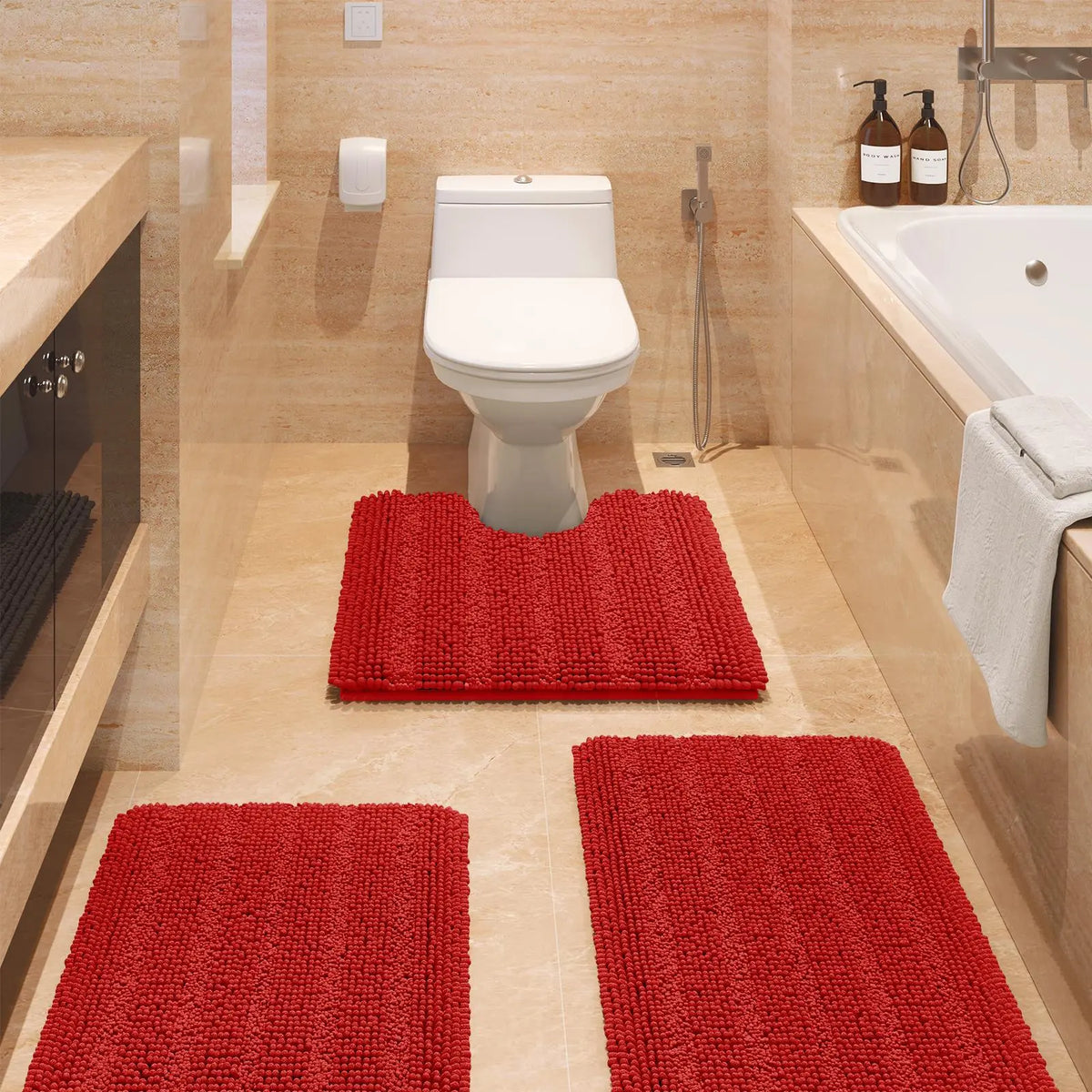 Transform Your Bathroom with the ACCUMTEK Luxurious Soft Striped Chenille Bath Rug Set - 3 Plush, Non-Slip Mats for Ultimate Comfort and Style