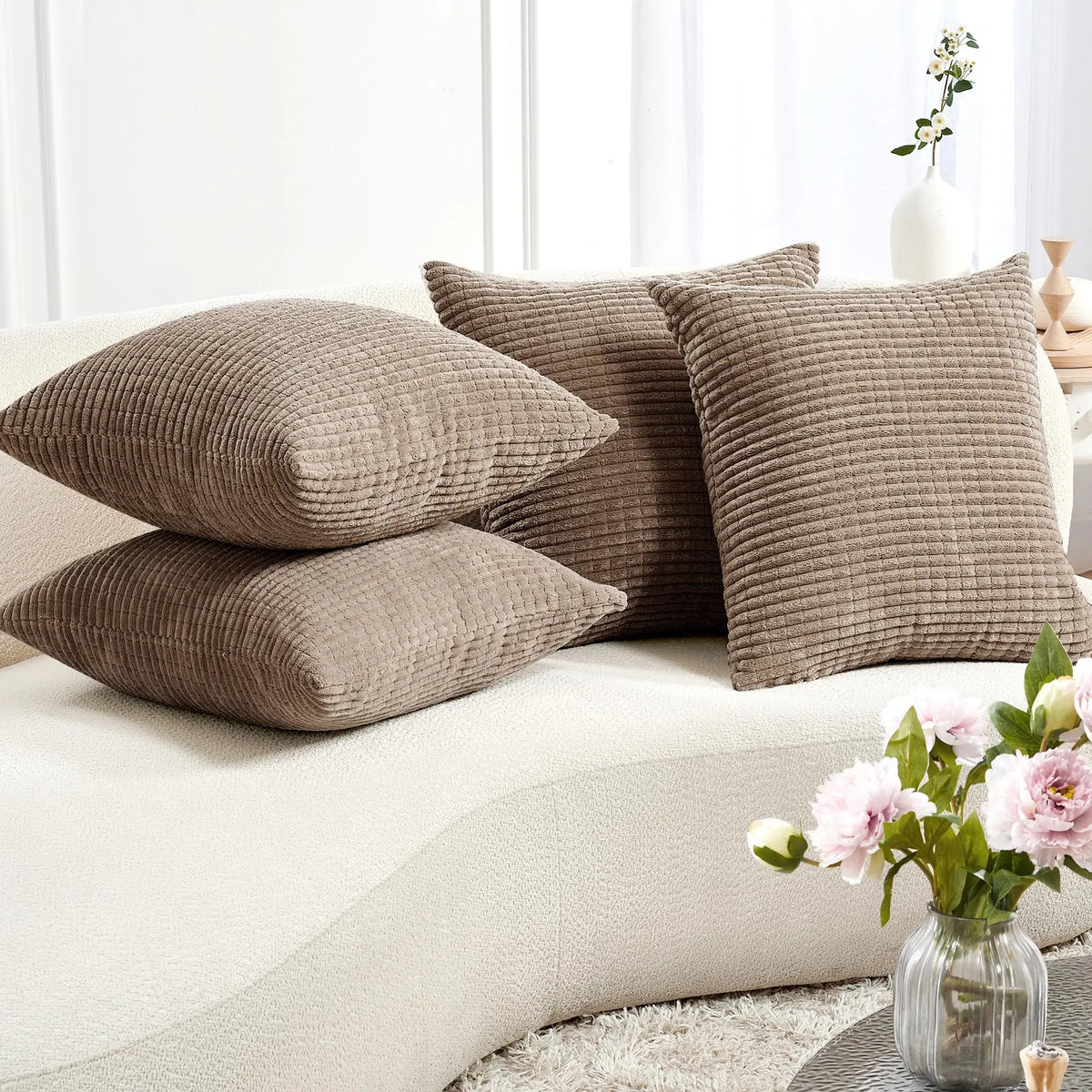 Transform Your Space with Deconovo's Set of 4 Cream Corduroy Striped Throw Pillow Covers - Perfect for Sofa, Couch, or Bed!