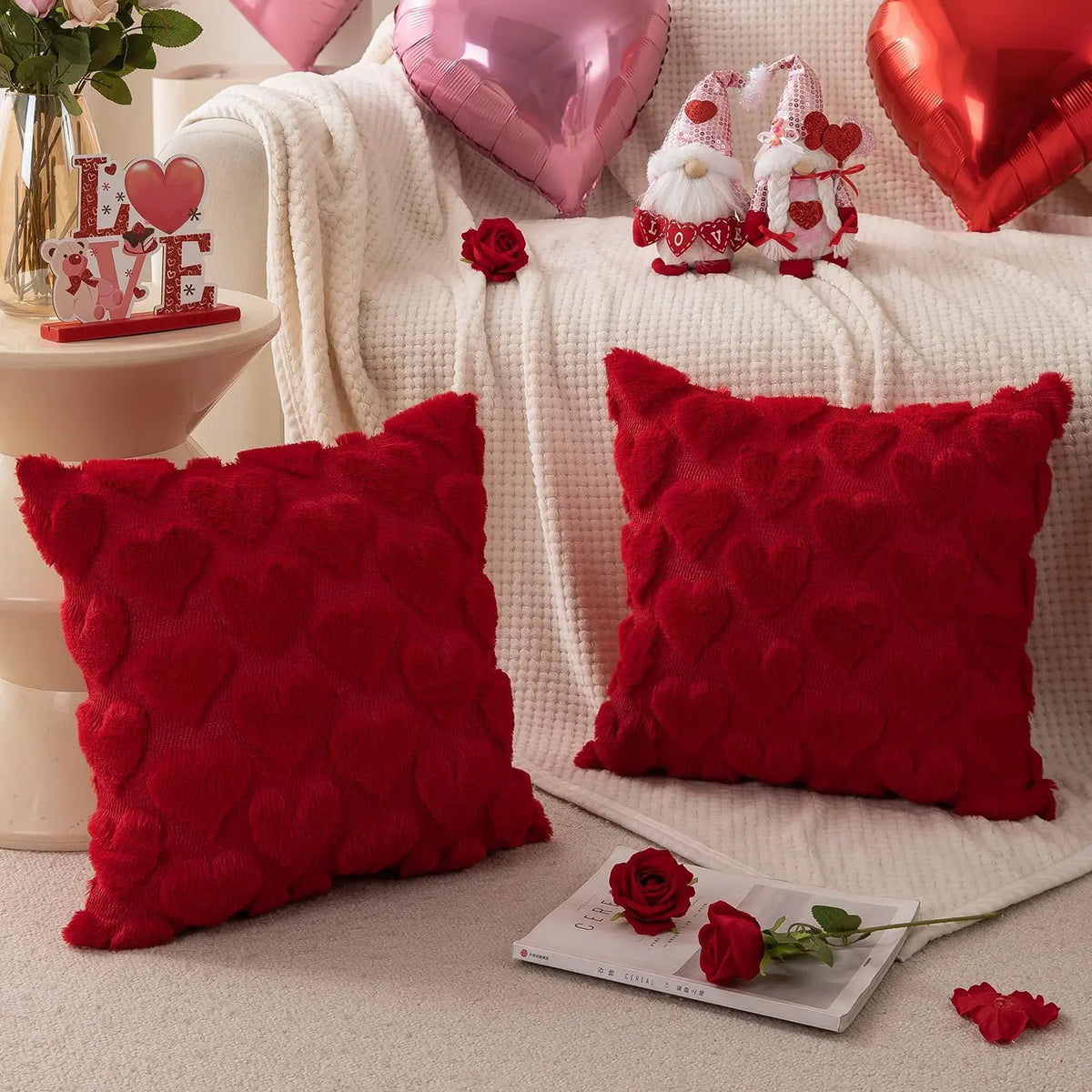 Red Heart Throw Pillow Covers - Set of 2, 18x18 Soft Plush Faux Fur Cushions for Your Sofa, Couch, or Bedroom