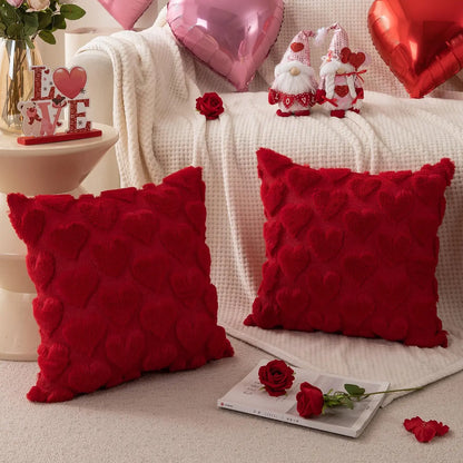 Red Heart Throw Pillow Covers - Set of 2, 18x18 Soft Plush Faux Fur Cushions for Your Sofa, Couch, or Bedroom