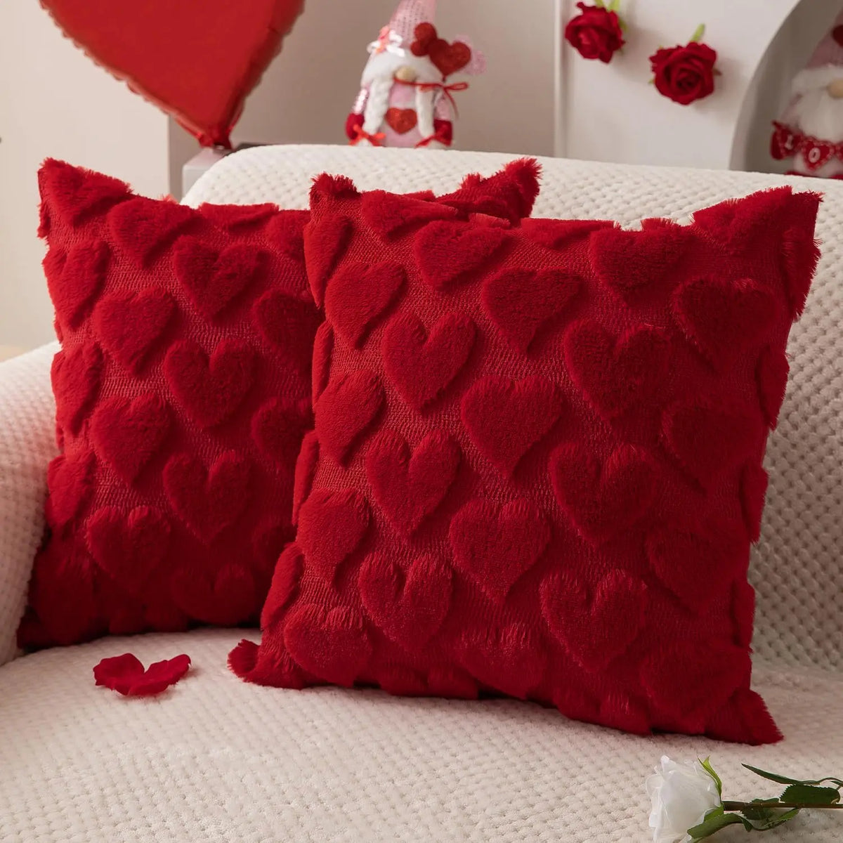 Red Heart Throw Pillow Covers - Set of 2, 18x18 Soft Plush Faux Fur Cushions for Your Sofa, Couch, or Bedroom