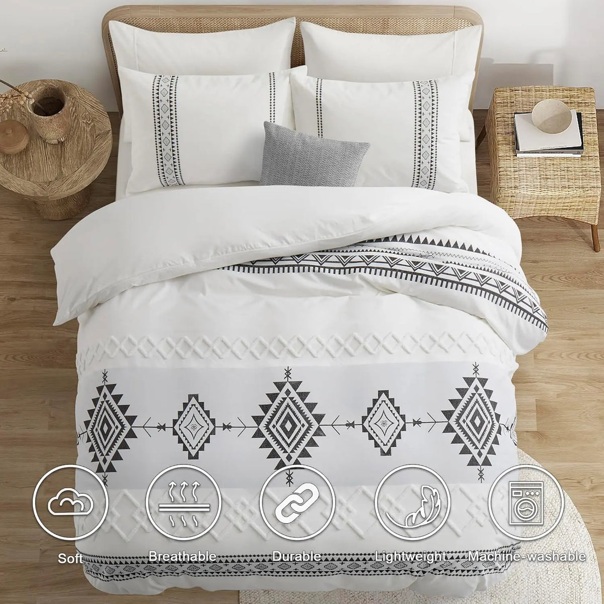 Boho Tufted Geometric Duvet Cover Set | 3-Piece Jacquard Microfibre with 8 Corner Ties | Sage, Terracotta, Grey or White