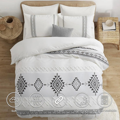 Boho Tufted Geometric Duvet Cover Set | 3-Piece Jacquard Microfibre with 8 Corner Ties | Sage, Terracotta, Grey or White