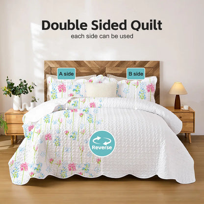 3-Piece Floral Bedding Set - Breathable Quilted Bedspread, Ultra-Thin Garden Floral Design, 3-Side Scalloped Edge