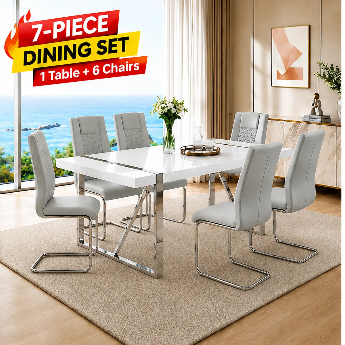 Stylish 7-Piece Dining Table Set with White Rectangular MDF Table and 6 Leather Chairs - Perfect for Modern Homes!