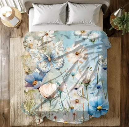 Blue Floral Fleece Butterfly Blanket Blue and White Flower Throw Bed Spread Picnic Blanket Floral Bedspread Nursery Decor Gift Sherpa Fleece